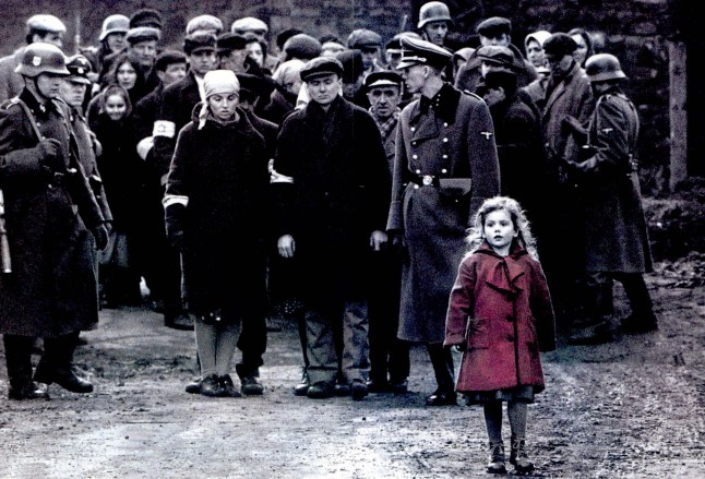 Nazis leading to Jewish people including a young girl with a red coat in Schindler's List