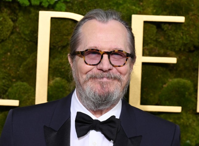 Gary Oldman beams in tinted round glasses and black tie at the 82nd Annual Golden Globes. He is sporting a grey beard