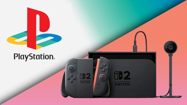 PlayStation logo and Nintendo Switch 2 console and camera