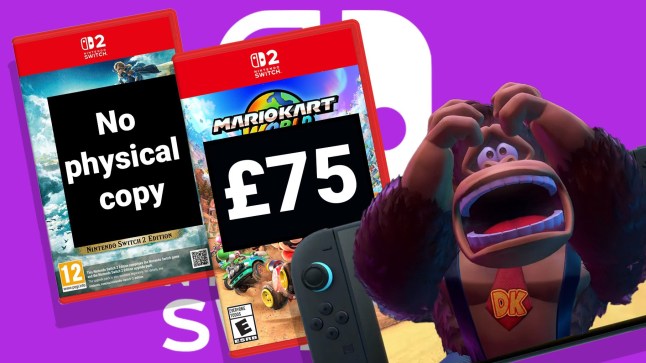 Donkey Kong gripping his head and screaming, next to box arts for Nintendo Switch 2 games that read '£75' and 'No physical copy'.