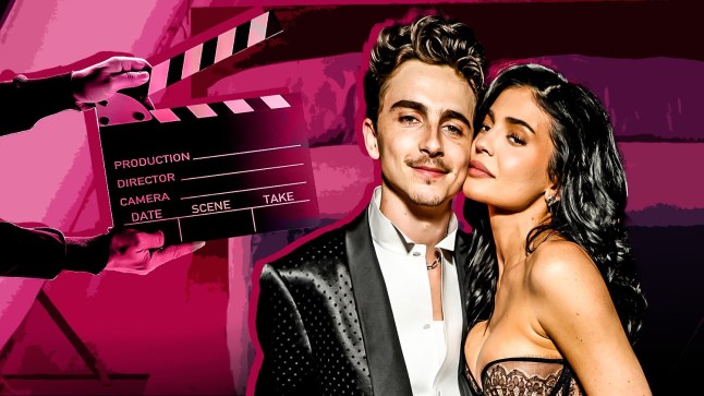 Kylie Jenner and Timothee Chalamet with a graphic of a film slate