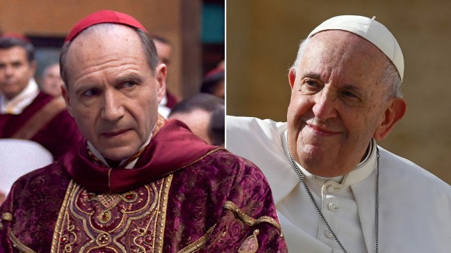 A compilation image of Ralph Fiennes in Conclave and Pope Francis