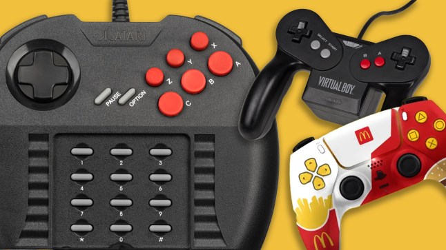 Compilation of ugly looking video game controllers for the Atari Jaguar, Virtual Boy and PS5