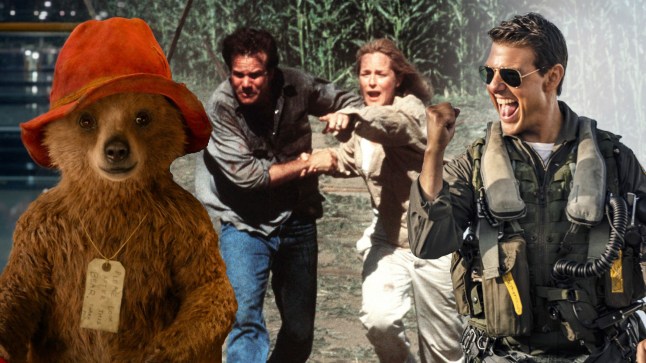 A compilation image of scenes from Paddington, Top Gun, and Twister