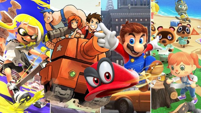 Nintendo Switch collage of characters from Splatoon 3, Advance Wars, Super Mario Odyssey and Animal Crossing New Horizons