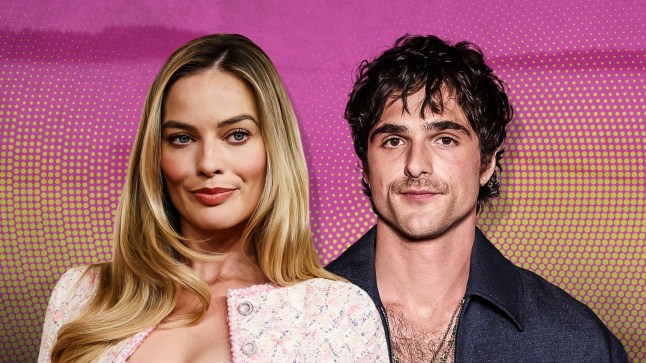 Margot Robbie in a light pink vintage jacket and Jacob Elordi in an unzipped navy collared jacket against a pink and yellow textured backdrop