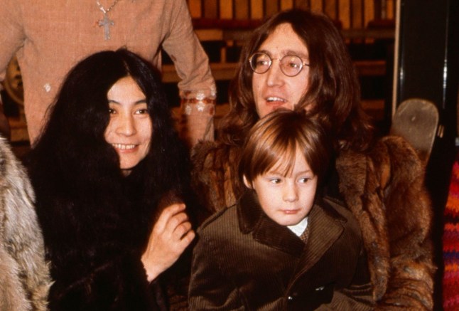 Mandatory Credit: Photo by David Magnus/Shutterstock (25569q) JOHN LENNON, SON JULIAN AND YOKO ONO WITH ROGER DALTREY ON THE SET OF 'ROLLING STONES ROCK 'N ROLL CIRCUS' Rock and Roll Circus concert, Wycombe Road, Wembley, London - December 1968