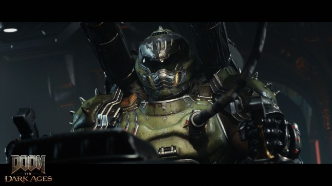 Doom Slayer behind pilot controls in Doom The Dark Ages