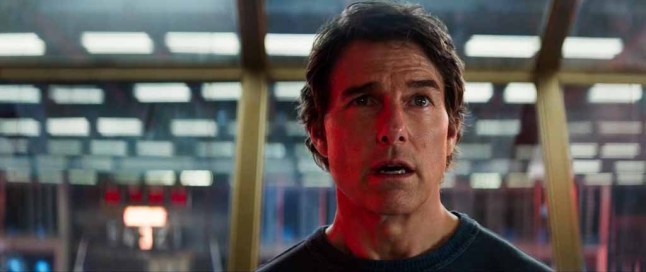Tom Cruise as Ethan Hunt in the Mission: Impossible – The Final Reckoning trailer, looking shocked about something.