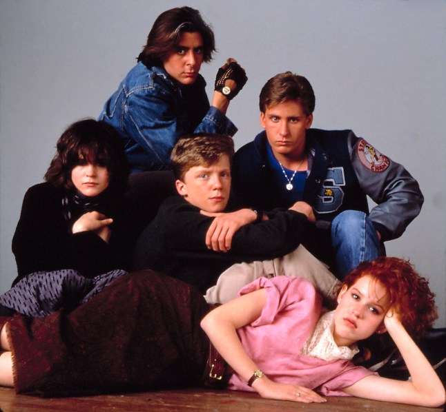 Judd Nelson, Emilio Estevez, (center) Anthony Michael Hall, (lying down) Molly Ringwald, (left) Ally Sheedy in The Breakfast Club promo - 1985