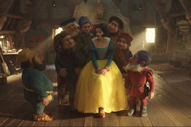 Still from 2025 live action Snow White film, showing the 7 dwarfs
