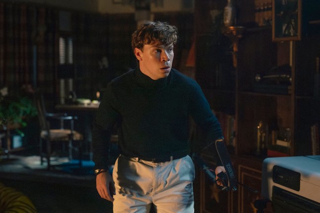 This image released by A24 shows Will Poulter in a scene from "Death of a Unicorn." (A24 via AP)
