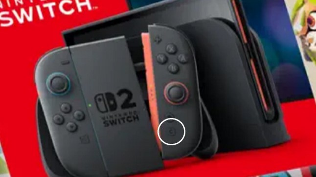 Nintendo Switch 2 console and controller with a white circle highlighting the C button
