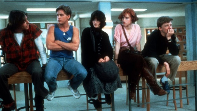 Judd Nelson, Emilio Estevez, Ally Sheedy, Molly Ringwald, Anthony Michael Hall in scene from The Breakfast Club