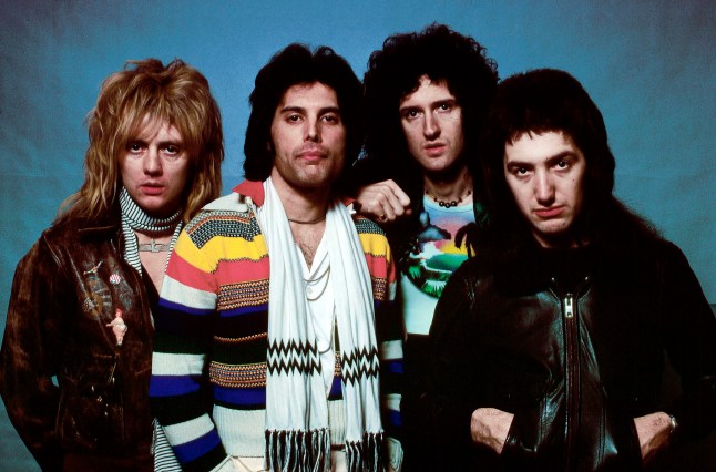 Roger Taylor, Freddie Mercury, Brian May and John Deacon stand for a posed group portrait in the 1970s