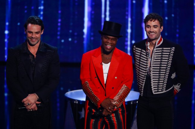 Editorial Use Only. No Book Publishing. Mandatory Credit: Photo by Dymond/Thames/Syco/REX/Shutterstock (10483530bf) Try Star - Ben Foden, Levi Davis and Thom Evans 'The X Factor: Celebrity' TV show, Series 1, Episode 7, London, UK - 23 Nov 2019