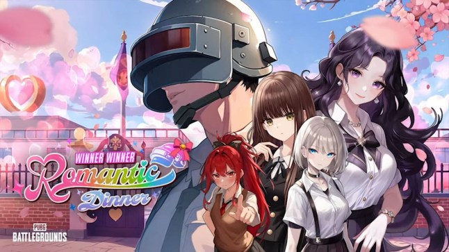 Key art for a PUBG Battlegrounds dating sim made for April Fool's day depicting a man in a helment and four young schoolgirls in an anime style