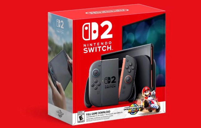 The Nintendo Switch 2 console box with Mario Kart World game.