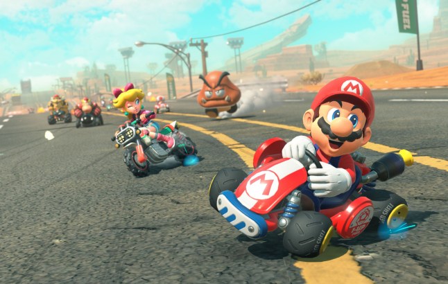 Mario Kart World screenshot of Mario and Peach