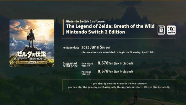 Price details for the Nintendo Switch 2 version of The Legend of Zelda Breath of the Wild on Japanese website