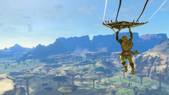 Link paragliding over Hyrule in The Legend of Zelda Tears of the Kingdom