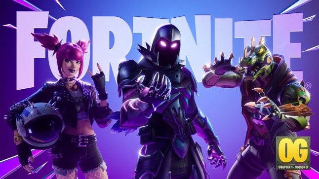 Fortnite key art for OG Season 3 depicting three characters in purple