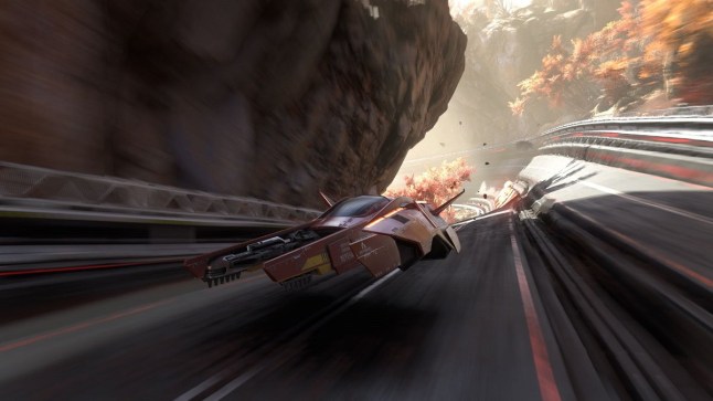 A screenshot from FAST Fusion showing a futuristic vehicle racing down a race track