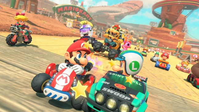 Mario and Luigi bumping into each other while driving cars in Mario Kart World
