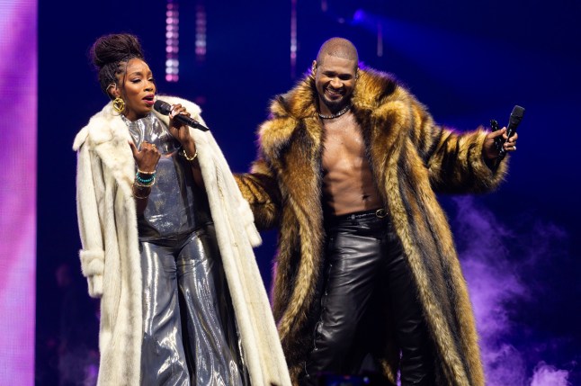 LONDON, ENGLAND - APRIL 06: Estelle and Usher perform on stage on night 5 of Usher's Past Present Future tour at The O2 Arena on April 06, 2025 in London, England. (Photo by Joseph Okpako/WireImage)