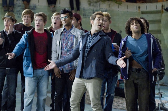 Editorial use only. No book cover usage. Mandatory Credit: Photo by Universal Pictures/Everett/REX/Shutterstock (2210233a) Pitch Perfect, Adam Devine (Red Shirt), Utkarsh Ambudkar (Left of Center), Skylar Astin (Hands Out), Michael Viruet (Right) Pitch Perfect - 2012