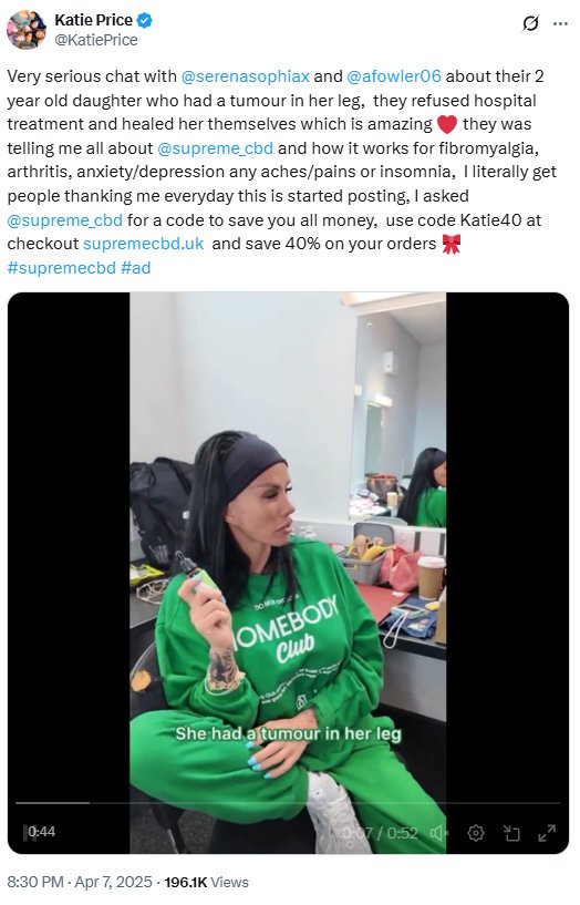 Katie Price slammed for ?abhorrent? claim that CBD oil can cure tumours