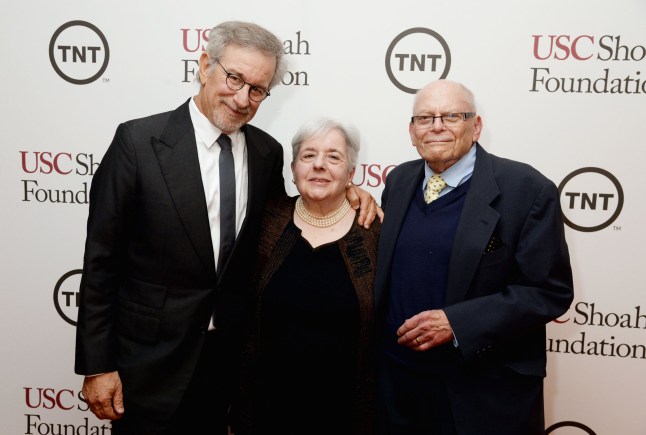 CENTURY CITY, CA - MAY 07: (L-R) USC Shoah Foundation Honorary Chair Steven Spielberg, Carol Levy, and DreamWorks Studios' Marvin Levy attend USC Shoah Foundation's 20th Anniversary Gala at the Hyatt Regency Century Plaza on May 7, 2014 in Century City, California. (Photo by Jeff Kravitz/FilmMagic)