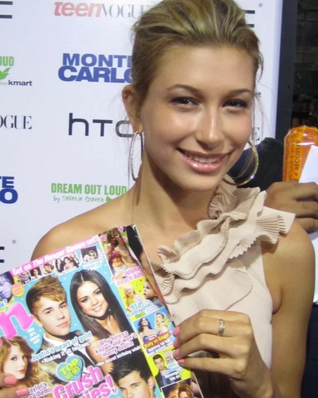 From Twitter - Hailey Bieber holding M magazine Justin and Selena featured on cover in 2011