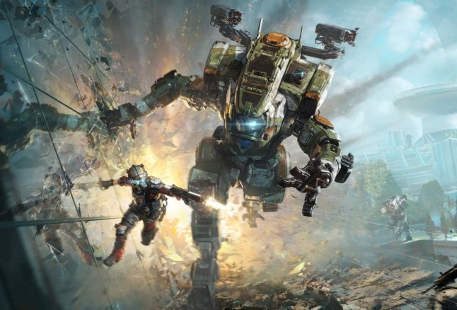 Titanfall 2 key art of a giant robot running