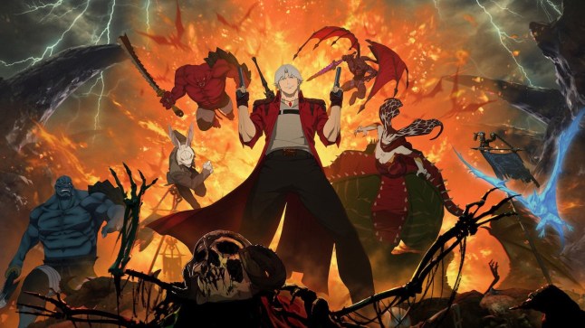 key visual for Devil May Cry Netflix show featuring Dante surrounded by attacking demons
