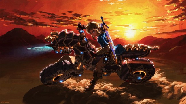 Link from The Legend of Zelda skidding to a stop on a motorbike against a sunset backdrop