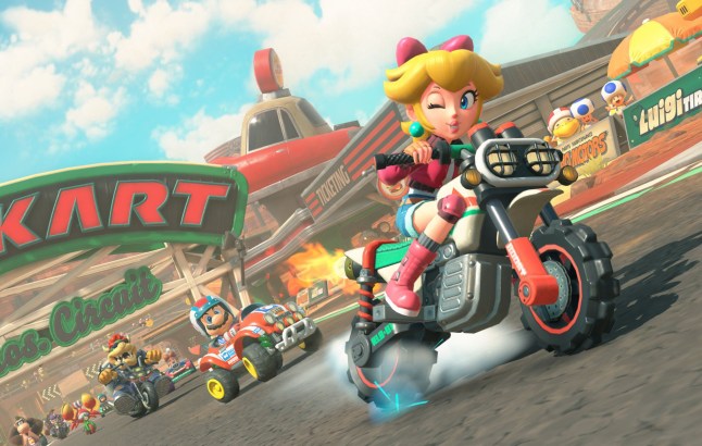 Peach on a bike in Mario Kart World