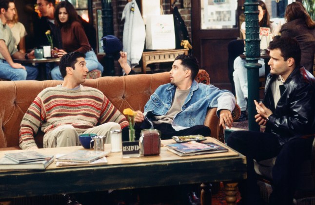 FRIENDS -- "The One with the Bullies" Episode 21 -- Air Date 04/25/1996 -- Pictured: (l-r) David Schwimmer as Ross Geller, Nicky Katt as Arthur, Peter DeLuise as Carl (Photo by Gary Null/NBCU Photo Bank/NBCUniversal via Getty Images via Getty Images)