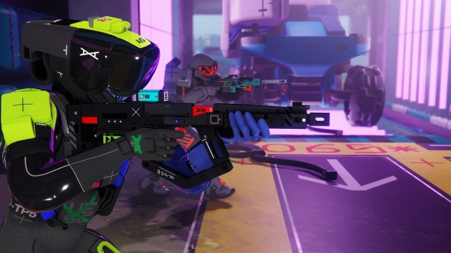 Player characters in Marathon entering hallway from the left while aiming guns