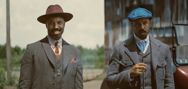 Michael B. Jordan portraying two characters in a scene from Sinners.