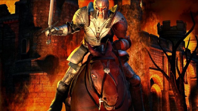 Elder Scrollls 4 Oblivion wallpaper featuring a knight with his sword raised while riding a horse
