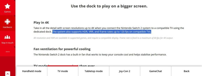 Nintendo Switch 2 website with text about VRR support highlighted