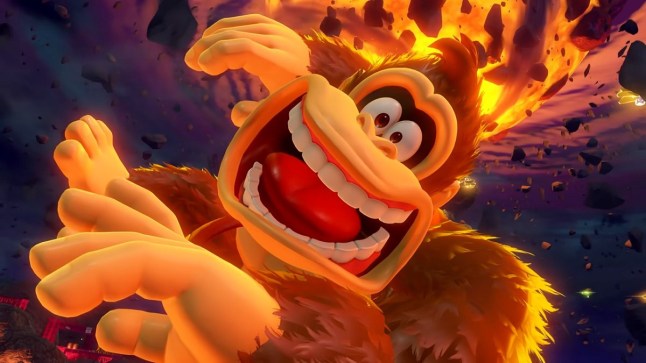 Donkey Kong screaming in fear as he hurtles through the air