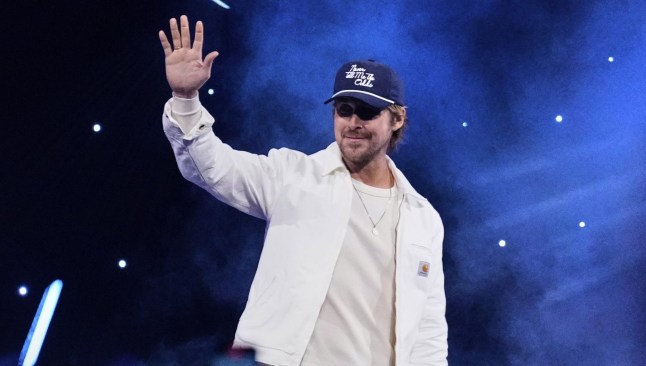 Actor Ryan Gosling waves at audience members during a fan convention called the Star Wars Celebration in Chiba, near Tokyo, Friday, April 18, 2025. (AP Photo/Hiro Komae)