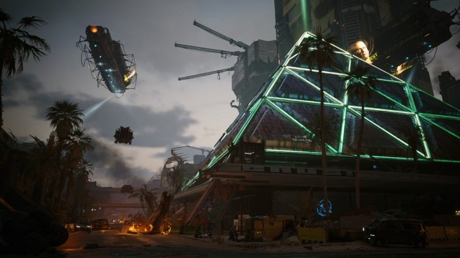 Night City at dusk as seen in Cyberpunk 2077