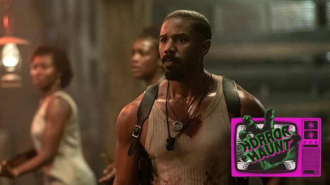 A compilation image of Michael B Jordan as Smoke in Sinners, and the Horror Haunt logo in the corner
