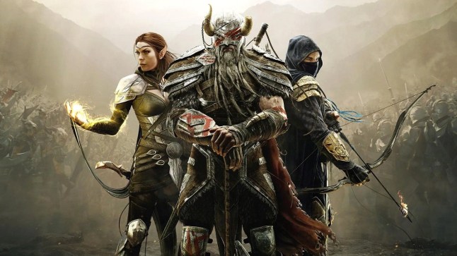 Three characters from The Elder Scrolls Online standing in a back to back formation while holding weapons
