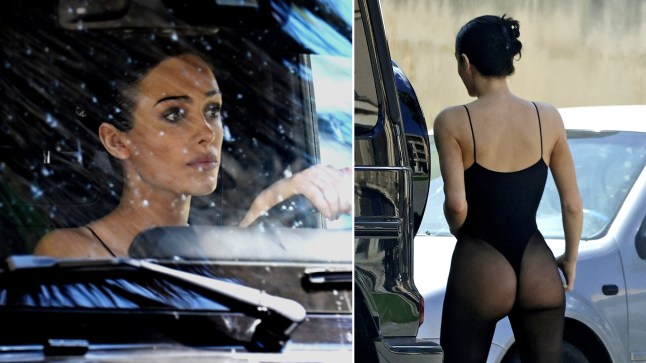 Compilation picture of Bianca Censori, left shows her driving a car and right shows her barely-there outfit