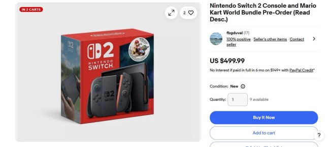 An eBay listing for a Nintendo Switch 2 and Mario Kart World bundle