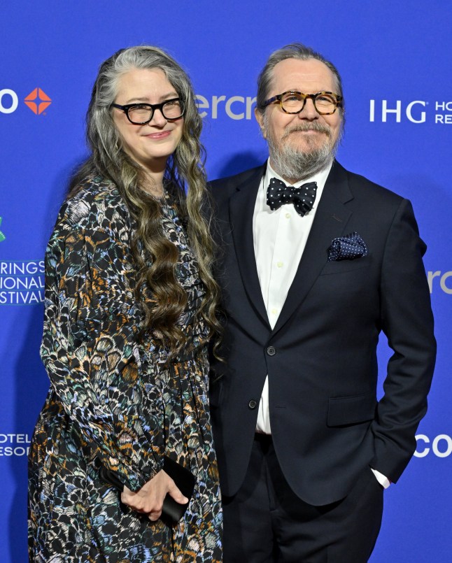 PALM SPRINGS, CALIFORNIA - JANUARY 03: Gisele Schmidt and Gary Oldman attend the 36th Annual Palm Springs International Film Festival Film Awards at Palm Springs Convention Center on January 03, 2025 in Palm Springs, California. (Photo by Axelle/Bauer-Griffin/FilmMagic)